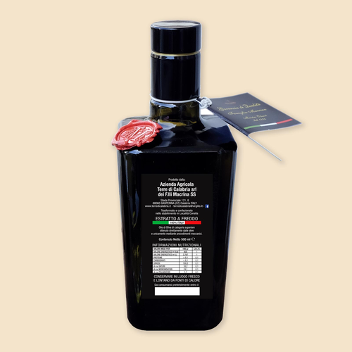 Olio extra vergine di oliva "centum" da ulivi secolari bottiglia di vetro da 500ml gasperina catanzaro calabria